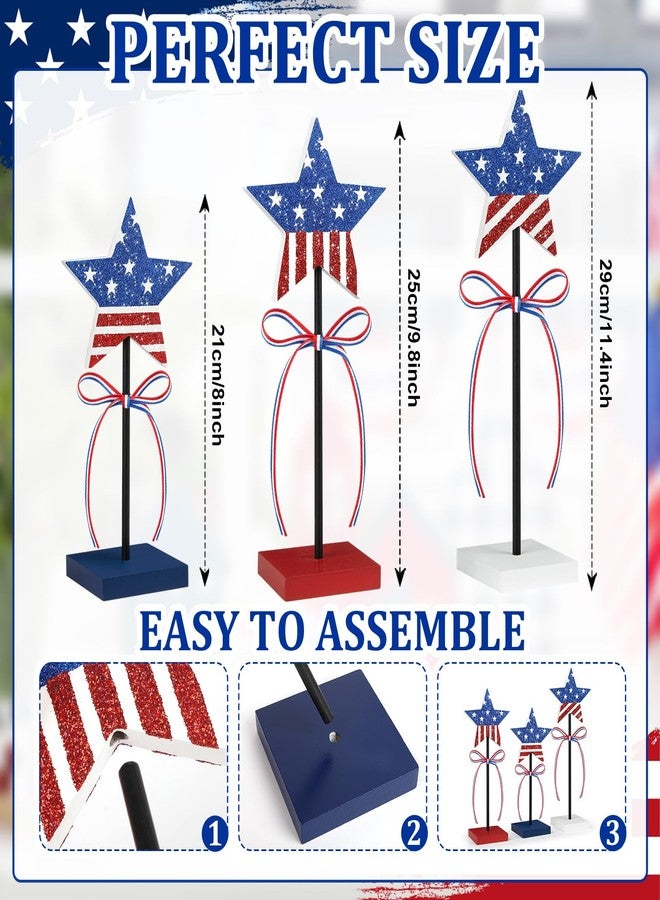 Sereliy 3 PCS Veterans Day Table Decorations Wooden Star Set, Rustic Patriotic 4th of July Tiered Tray Decor, Red White and Blue Decorations Veterans Day for Home (Stripe) - Image 3